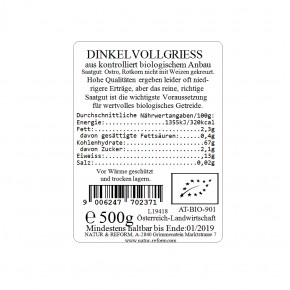 Bio Dinkelvollgrieß 500g Natur & Reform